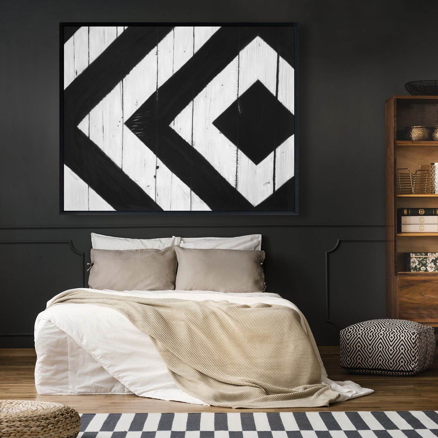 Losange minimaliste sur bois | Toile décorative encadrée blanche