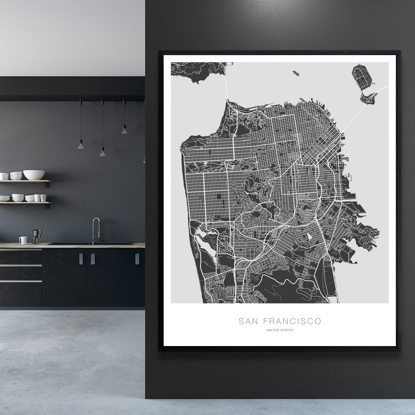 Carte de San Francisco sur toile | Cadre gris industriel pour décoration d'intérieur