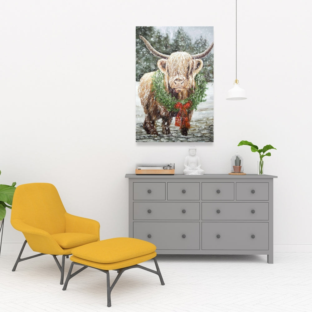Highland Christmas Cow Canvas | White Farm Animals Decor