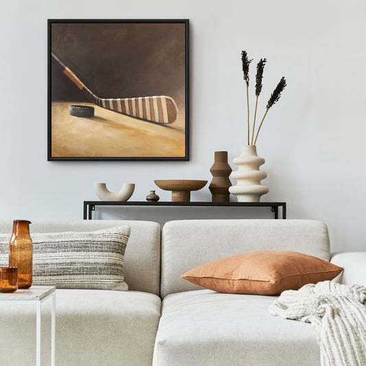 Toile encadrée représentant un bâton et une rondelle de hockey - Décoration d'intérieur sportive
