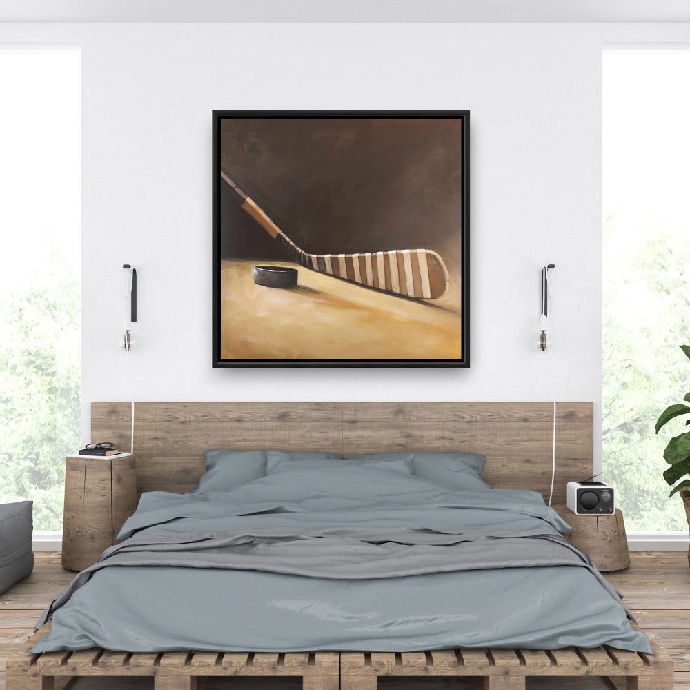 Toile encadrée représentant un bâton et une rondelle de hockey - Décoration d'intérieur sportive