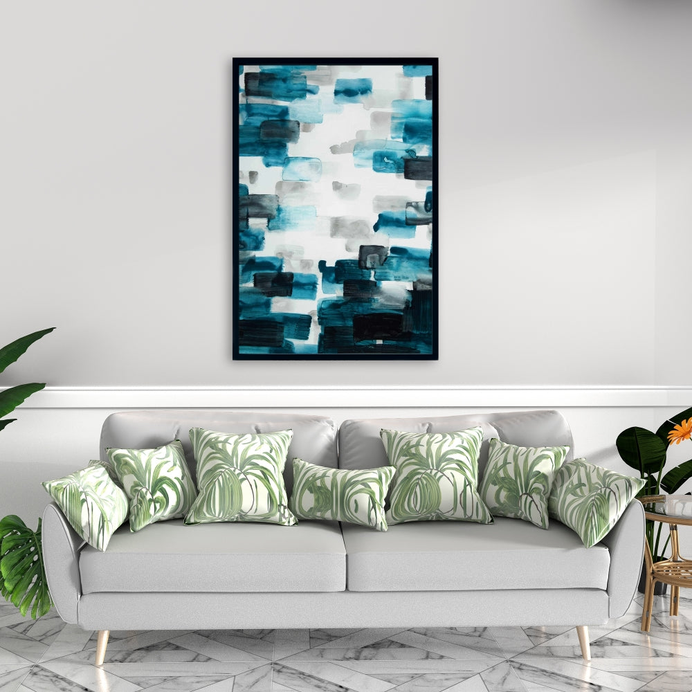Pattern Blue Framed Canvas | Turquoise and Gray Squares Decor