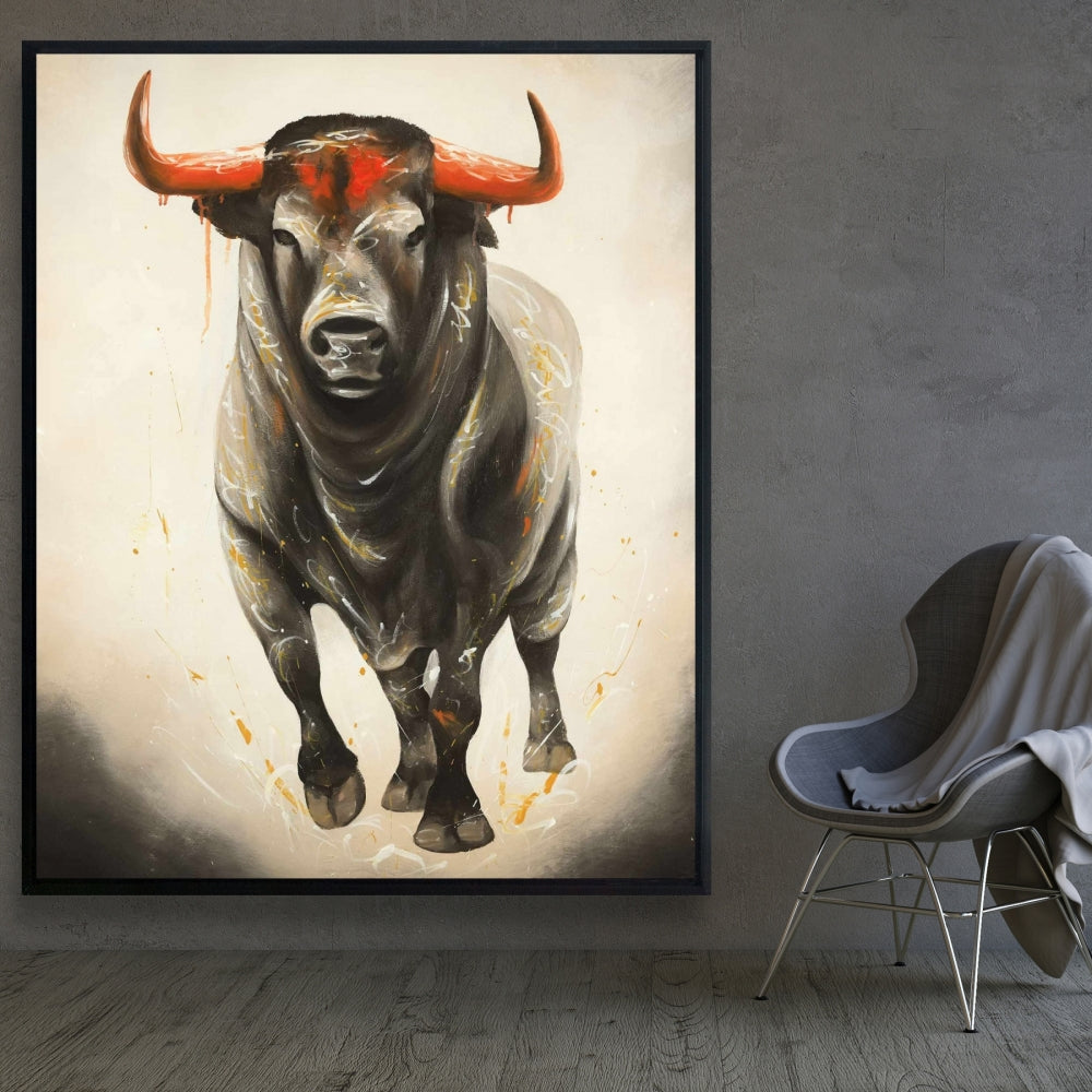 Décoration sur toile encadrée marron représentant un taureau féroce, animaux de la ferme occidentale