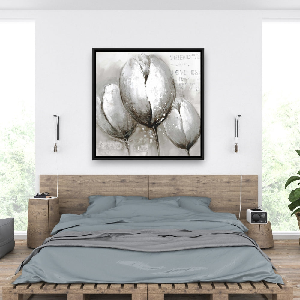 Trois tulipes blanches – Toile encadrée décorative florale botanique grise