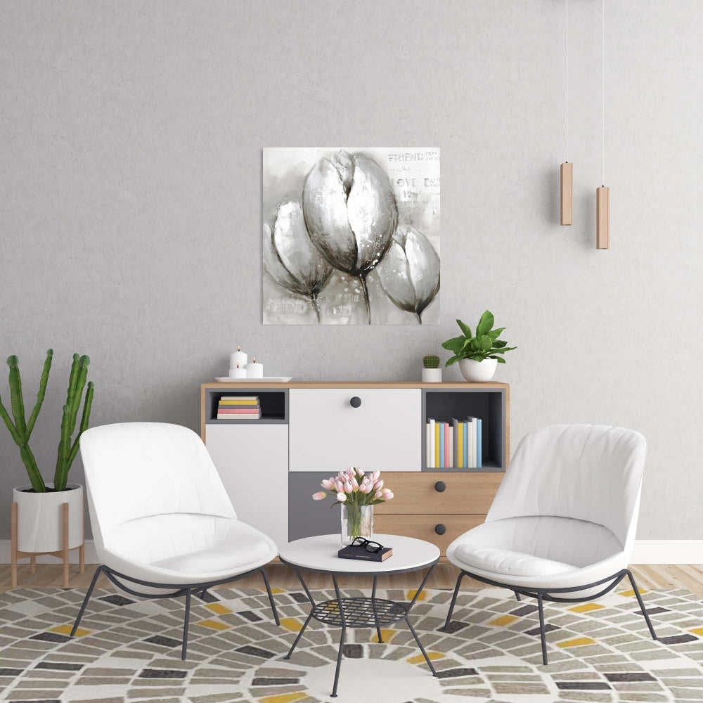Gray Botanical Canvas - Three White Tulips Living Room Decor