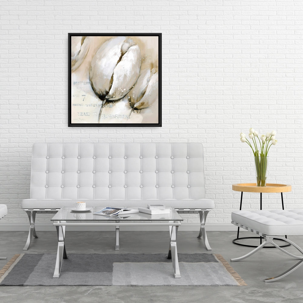 Tulipes avec typographie – Toile encadrée beige pour décoration intérieure