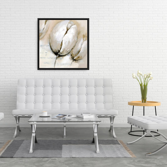 Tulipes avec typographie – Toile encadrée beige pour décoration intérieure