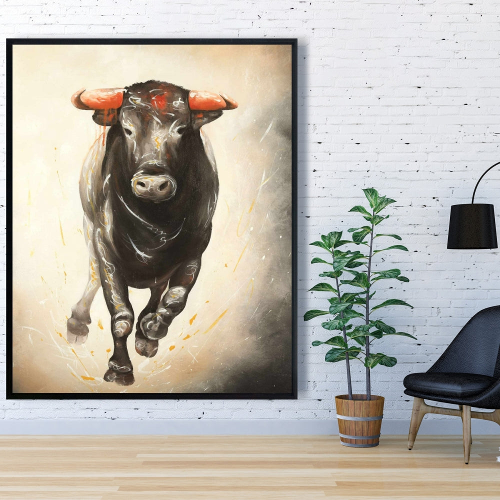 Toile encadrée « Taureau en fuite » | Décoration d'intérieur avec animaux de la ferme