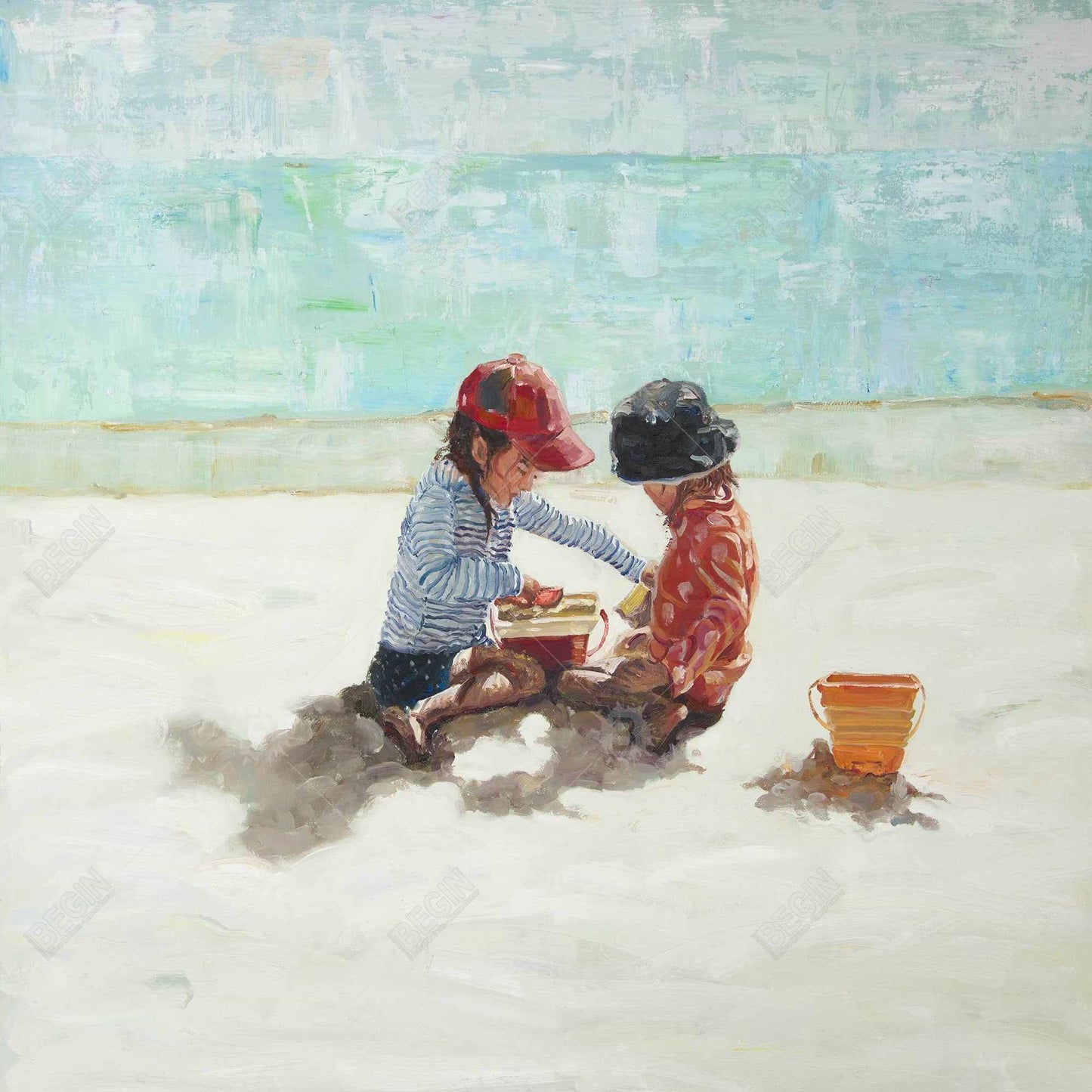 Little Girls at the Beach - Coastal Marine Canvas Home Decor