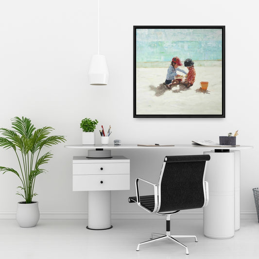 Marine Blue Coastal Canvas - Little Girls at Beach Decor