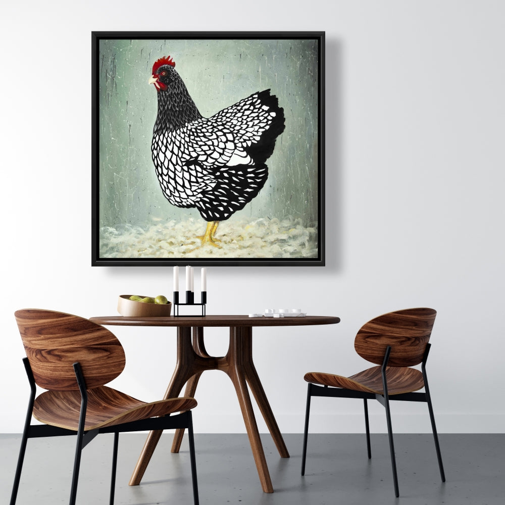 Toile « Poule Wyandotte » | Décoration rustique avec cadre noir