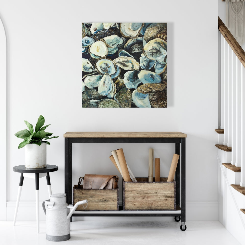 Marine Blue Oyster Shells Canvas | Coastal Home Decor Art