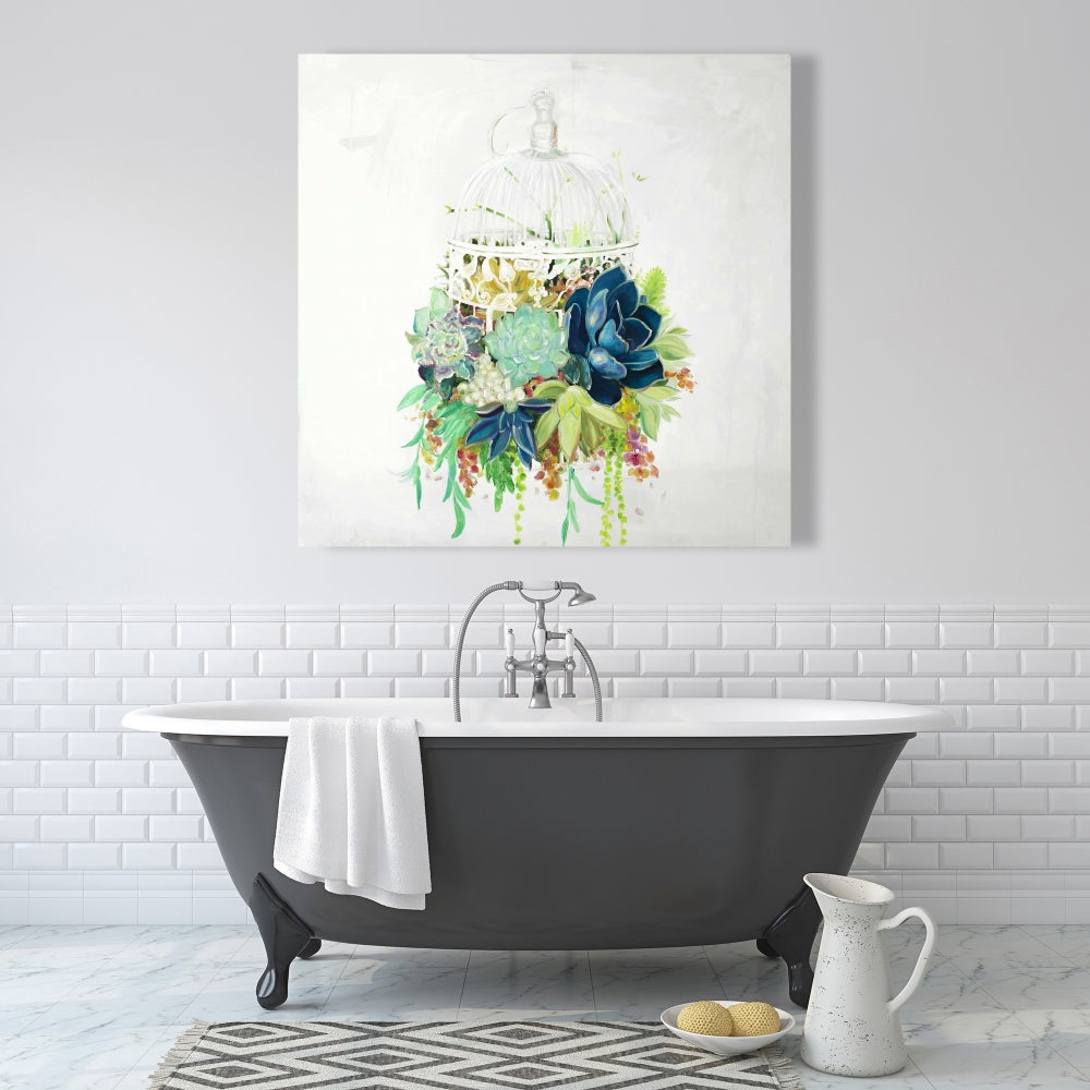 Exotic Bird Cage with Cactus Canvas | Floral Bedroom Decor