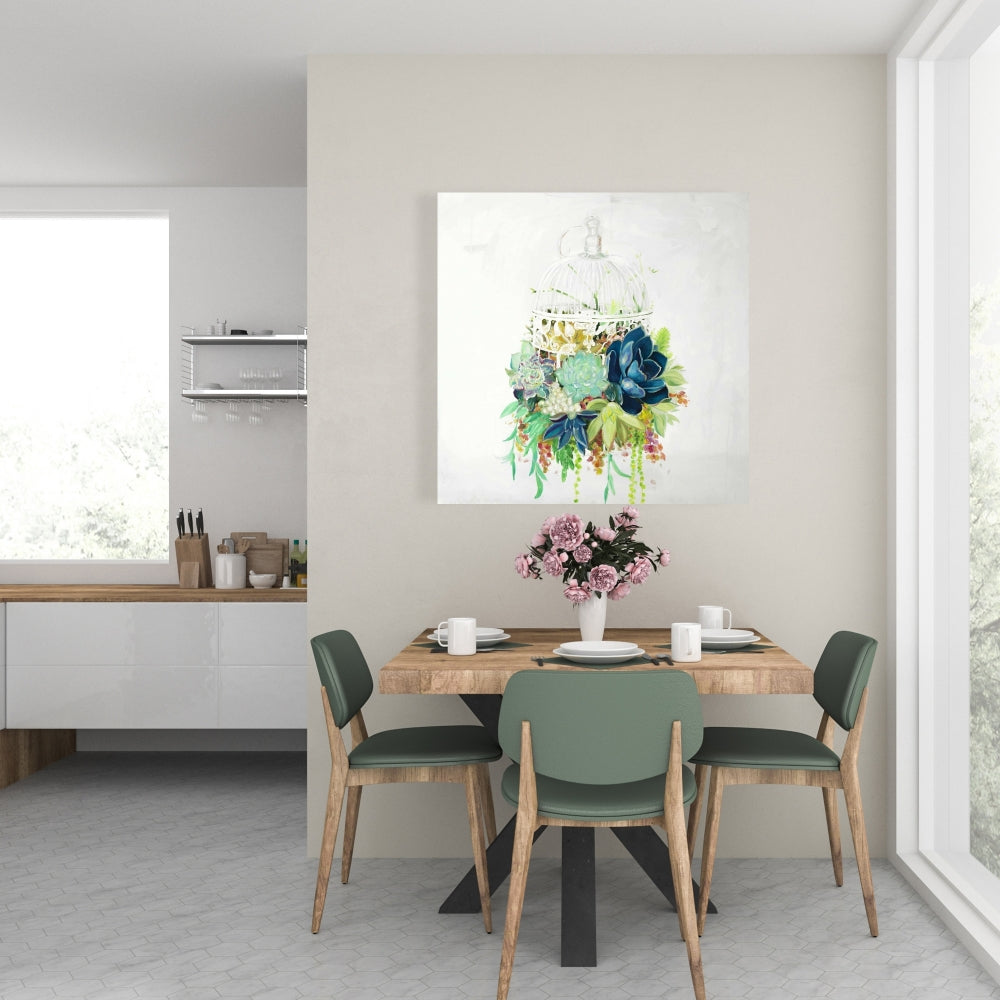 Exotic Bird Cage with Cactus Canvas | Floral Bedroom Decor