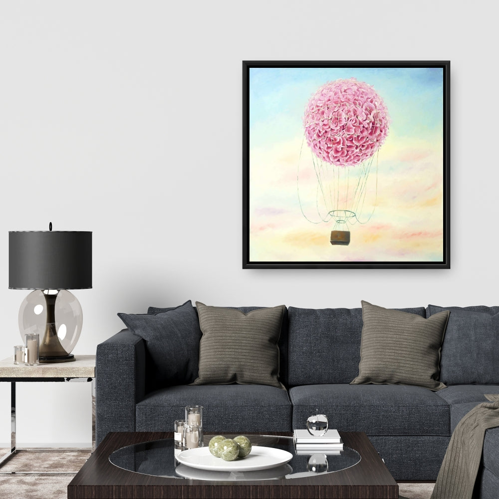 Hot Air Balloon Hydrangea Flowers Framed Canvas | Home Decor