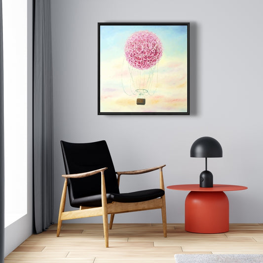 Hot Air Balloon Hydrangea Flowers Framed Canvas | Home Decor