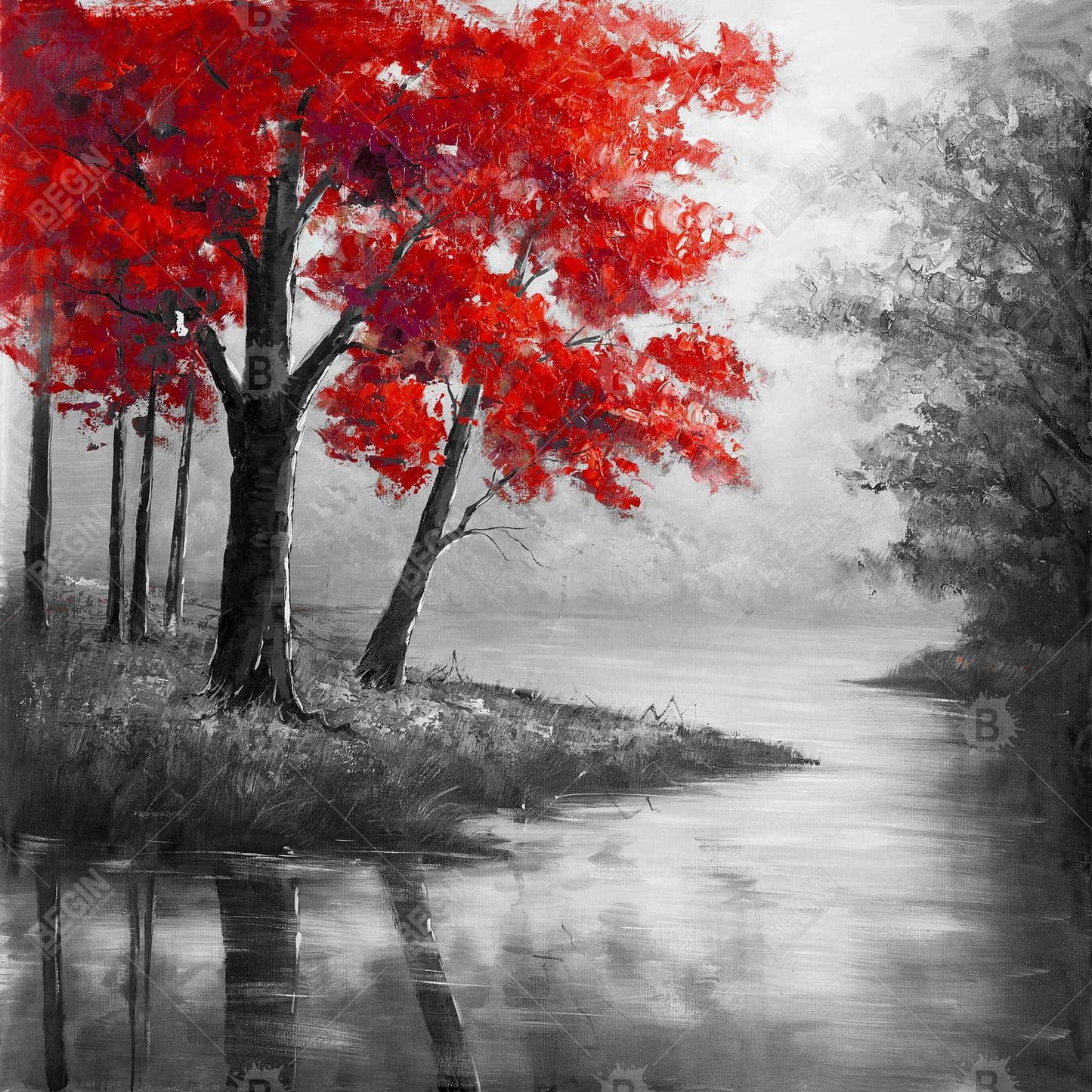 Contemporary Gray Canvas - Red Trees & Lake | Home Decor