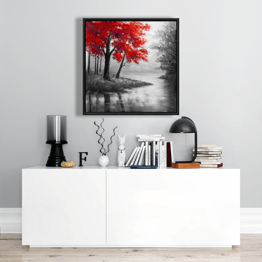 Toile de chambre à coucher Paysages gris – Décor d'arbres rouges et de lac