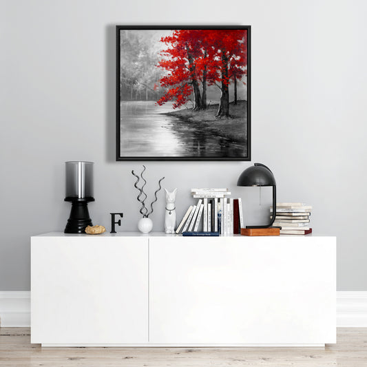 Toile encadrée représentant un paysage paisible avec des arbres et des arbres