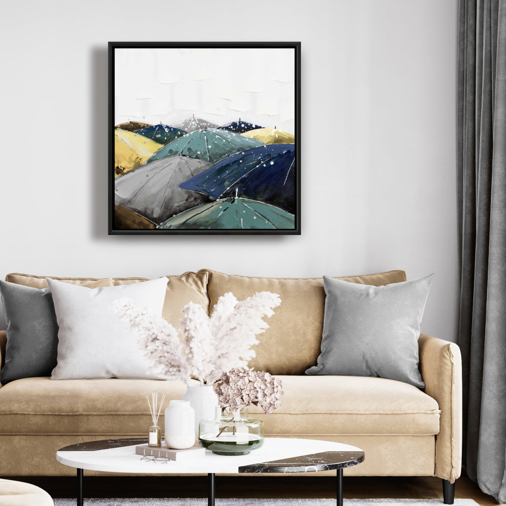 Toile encadrée bleue « Parapluies » - Décoration de chambre