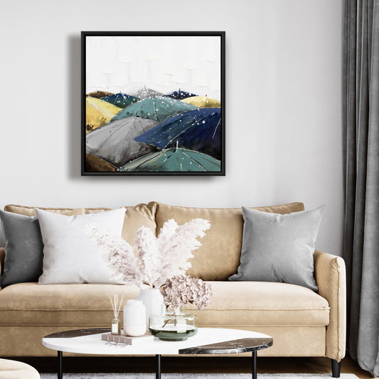 Toile encadrée bleue « Parapluies » - Décoration de chambre