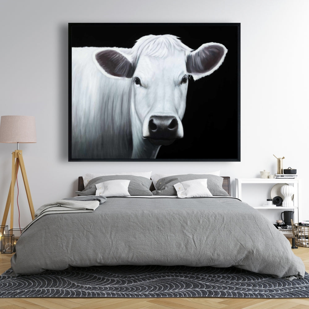 White Cow Framed Canvas | Farm Animal Monochrome Home Decor