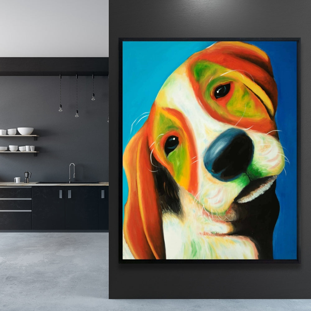Colorful Beagle Dog Blue Framed Canvas | Home Decor Art