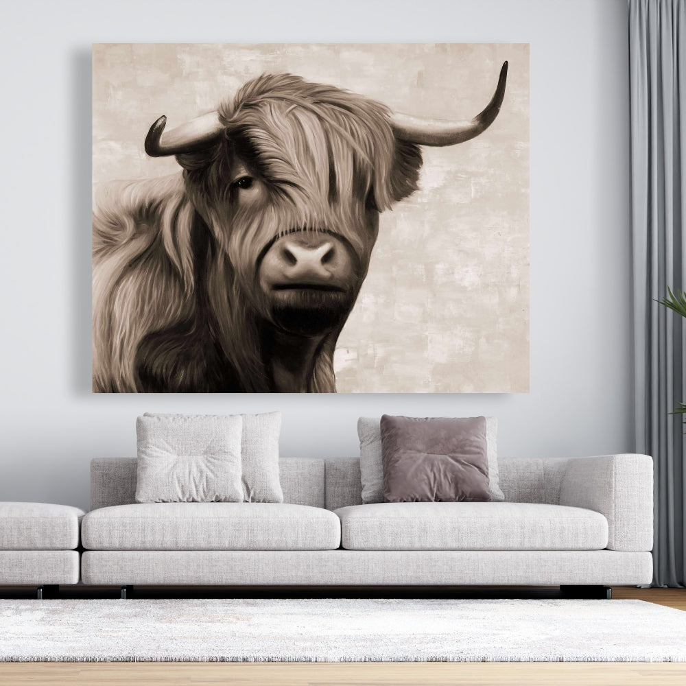 Highland Cattle Sepia Canvas - Beige Farm Animal Home Decor