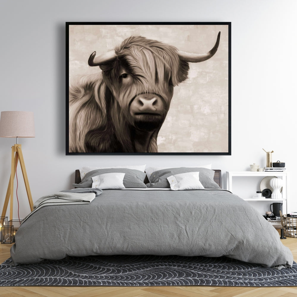 Highland Cattle Sepia Framed Canvas - Beige Animal Home Decor