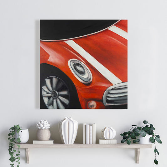 Red Car Canvas - Closeup with White Stripes | Home Decor Art