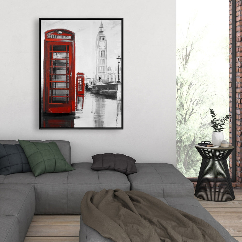 Red Phonebooth Big Ben Canvas | Gray Framed Wall Art Decor