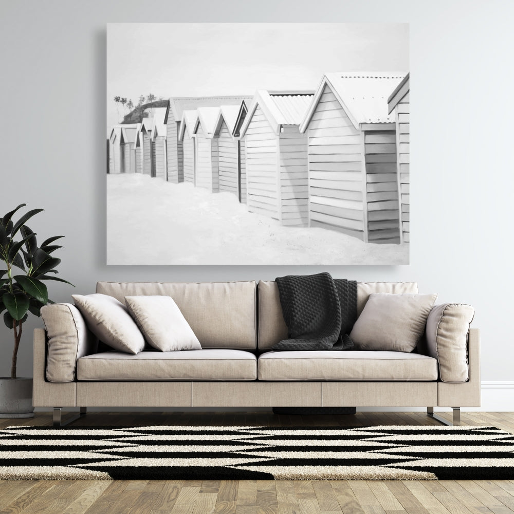 Toile « Cabines de plage » | Décoration monochrome mer blanche