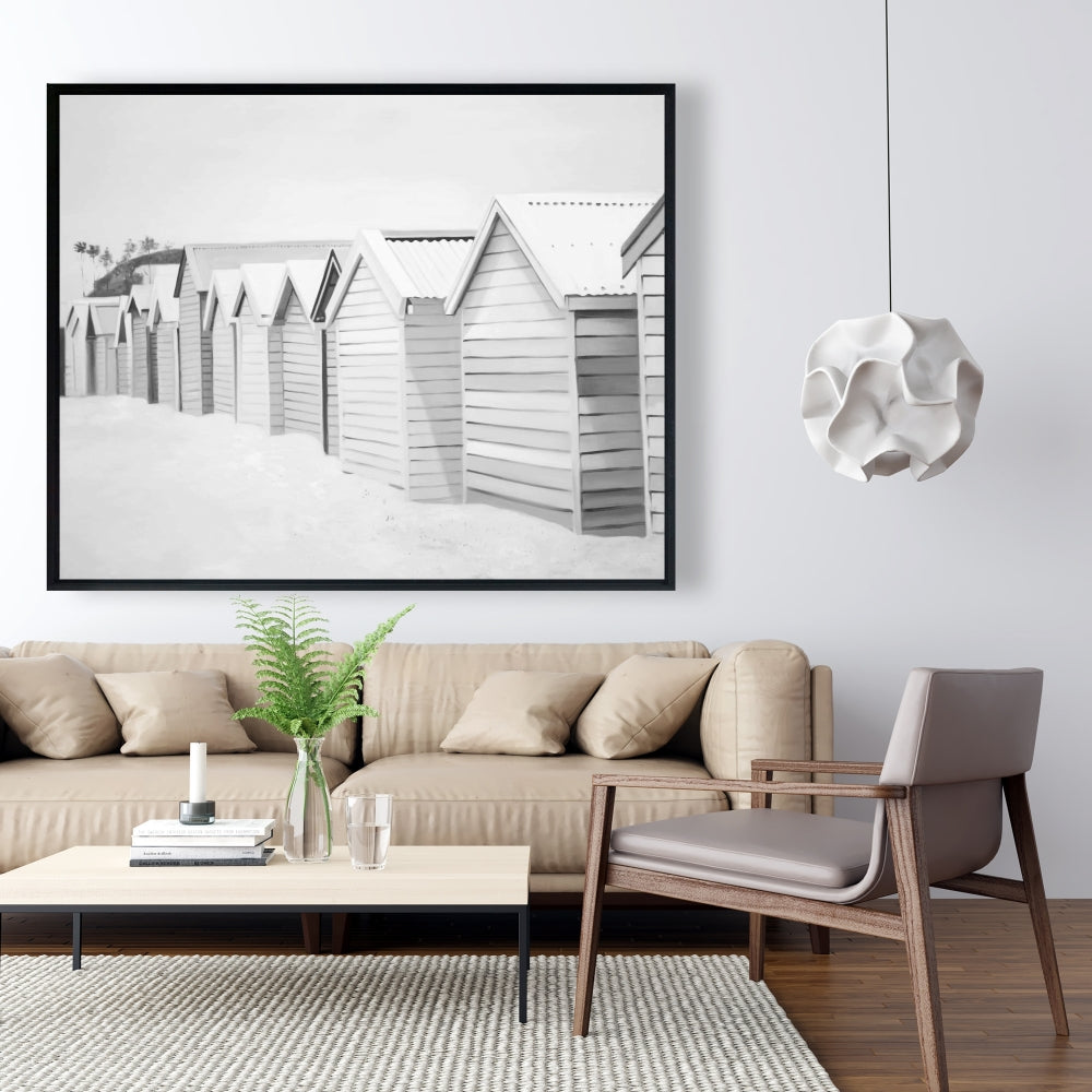 Toile « Cabanes de plage » | Décoration de chambre encadrée, style côtier blanc