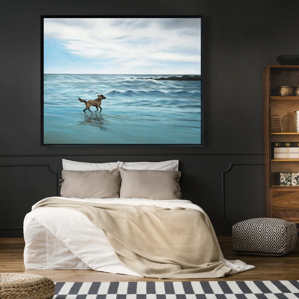 Toile « Chien sur la plage » bleu | Décoration murale