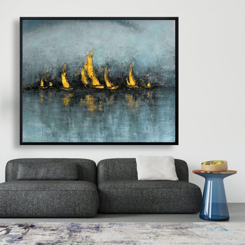 « Mettez les voiles » – Toile encadrée abstraite bleue contemporaine