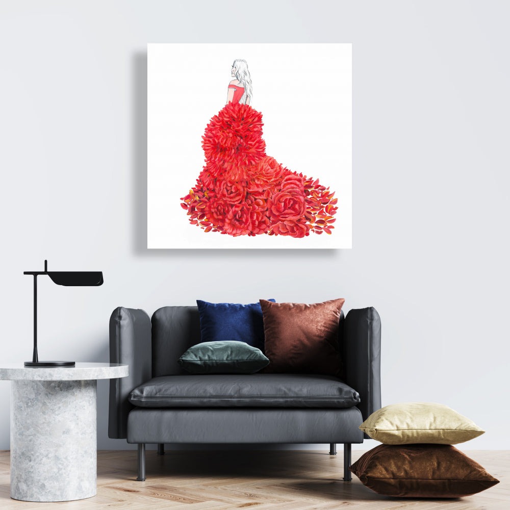 Red Romantic Bedroom Canvas - Flower Dress Home Decor Art