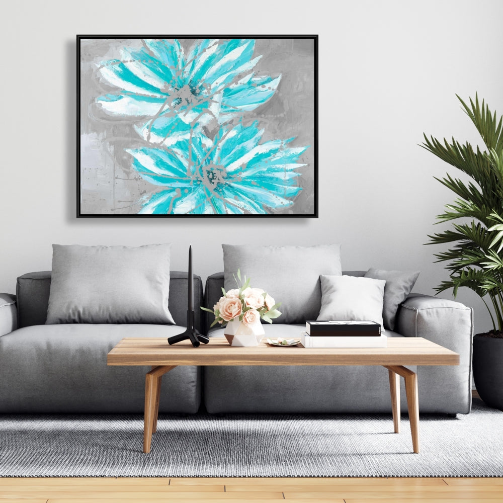 Toile florale contemporaine - Deux petites fleurs bleues abstraites