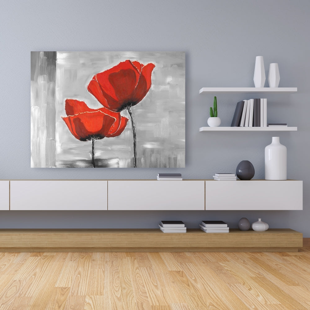 Gray Botanical Canvas | Two Red Flowers on Grayscale Background