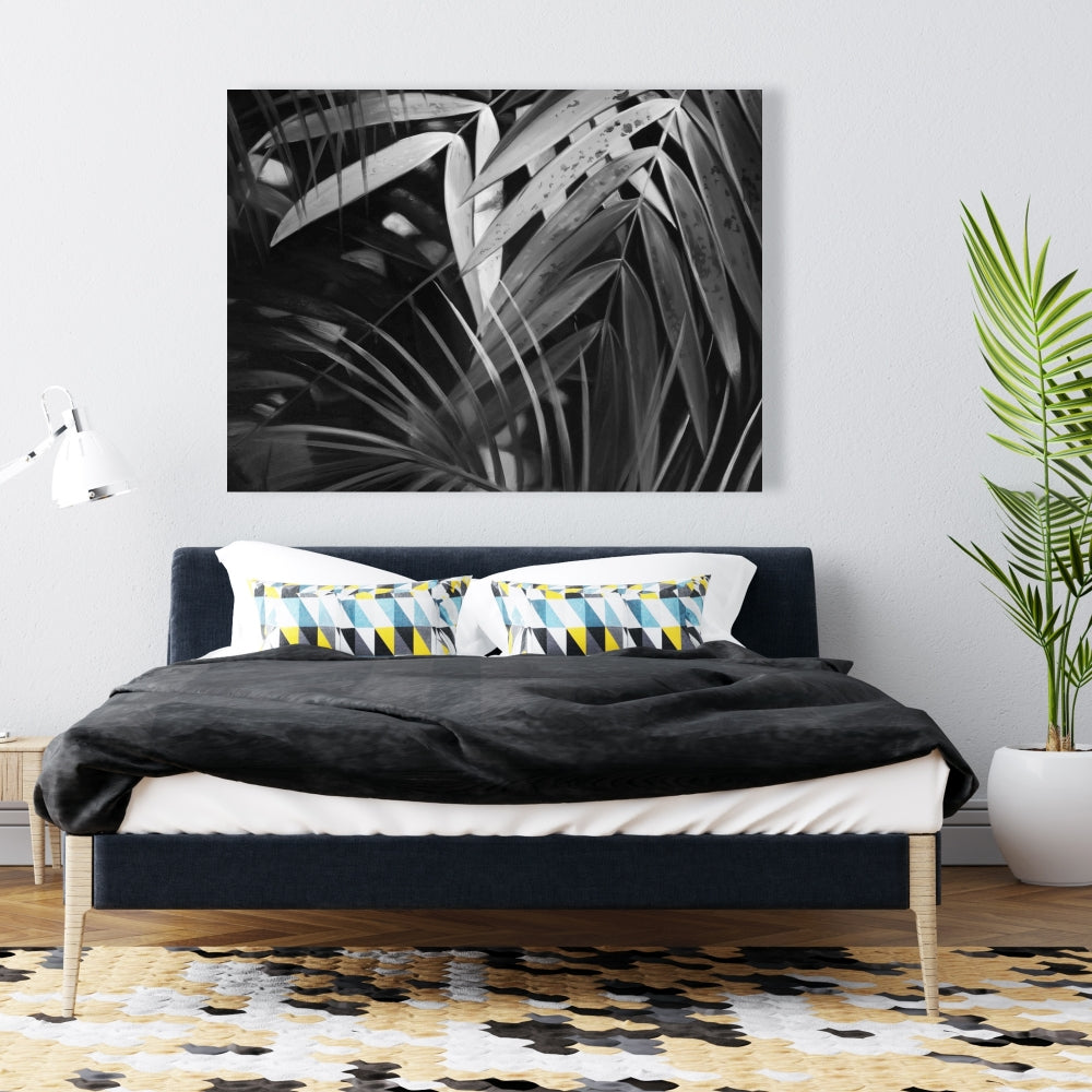Monochrome Tropical Leaves Canvas - Botanical Bedroom Decor