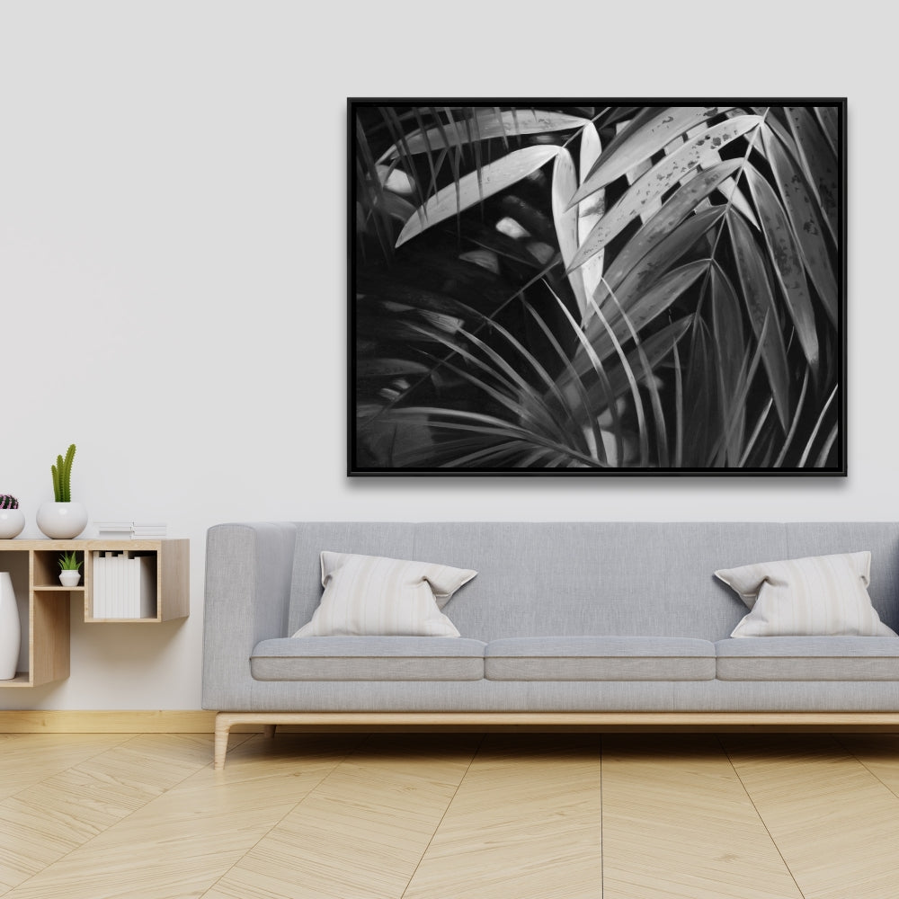 Toile monochrome à motifs de feuilles tropicales | Décoration de chambre florale blanche