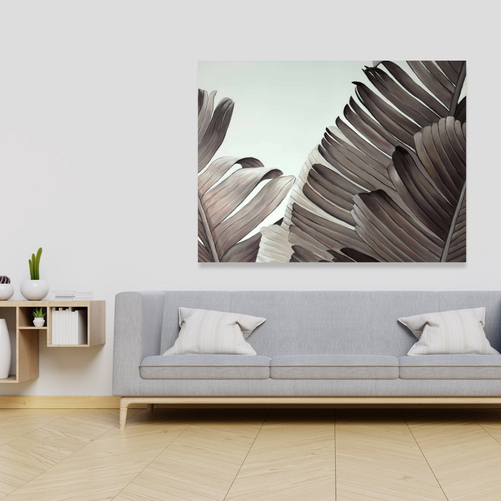 Grayscale Tropical Leaves Canvas - Botanical Bedroom Decor