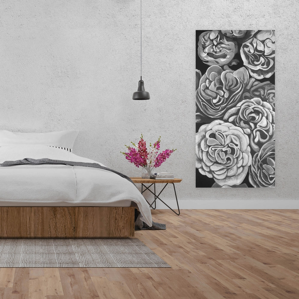 Toile botanique Dahlias en nuances de gris | Décoration murale blanche pour chambre