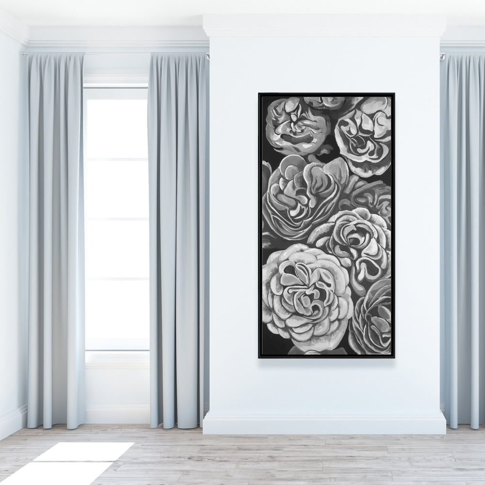 Toile botanique Dahlias en nuances de gris | Cadre blanc pour décoration d'intérieur