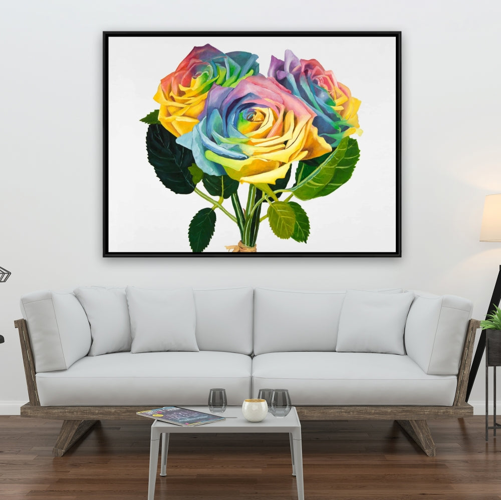 Bouquet of Rainbow Roses | Yellow Framed Canvas - Home Decor