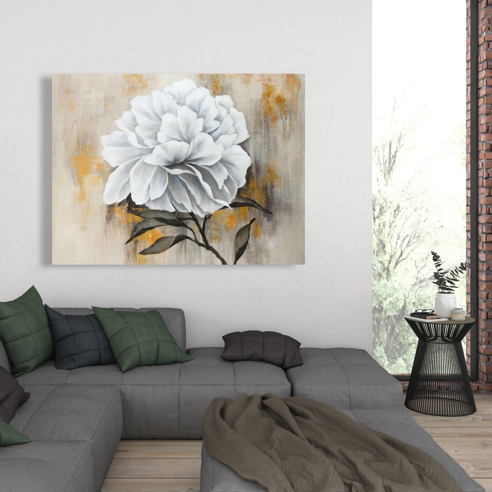 White Peony Canvas | Rustic Floral Living Room Wall Art Decor