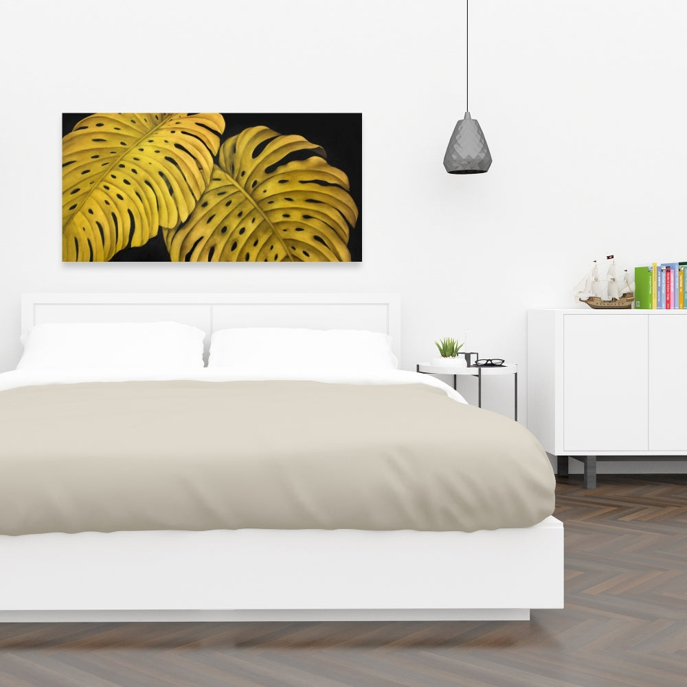 Gold Monstera Botanical Canvas | Exotic Bedroom Wall Decor