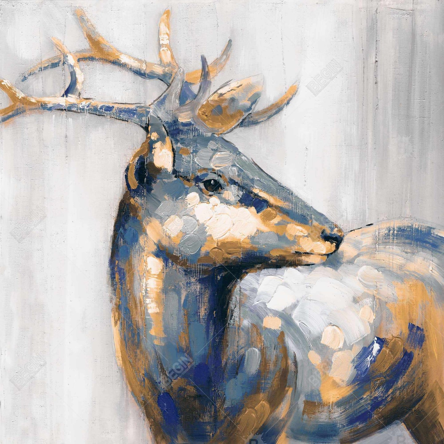 Golden Deer Blue Canvas - Elegant Home Decor Wall Art