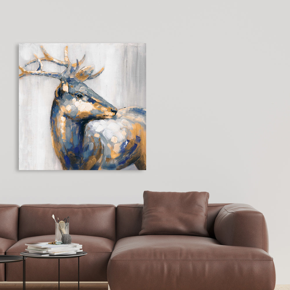 Golden Deer Blue Canvas - Elegant Home Decor Wall Art