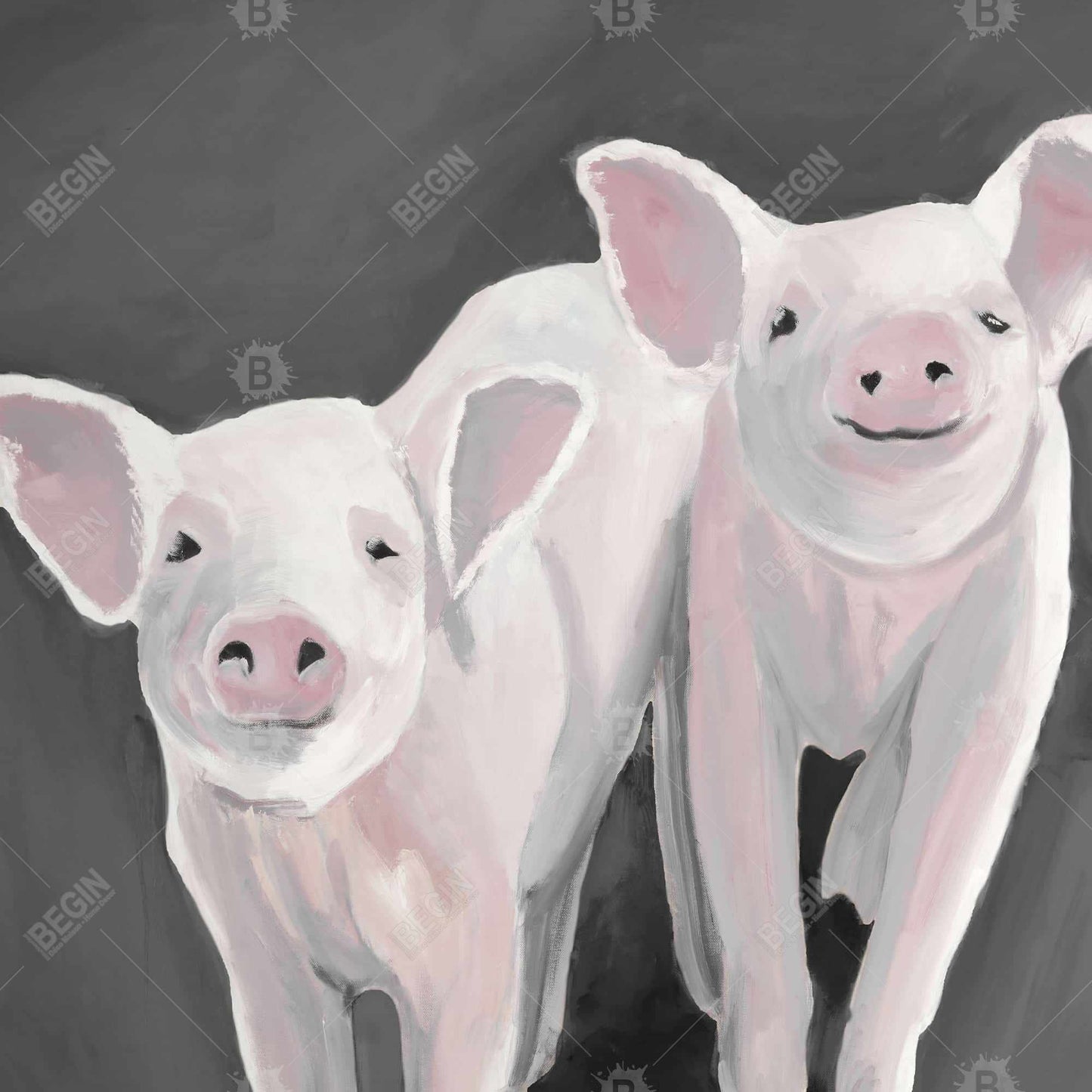 Rustic Gray Canvas - Two Little Piglets - Home Decor Art