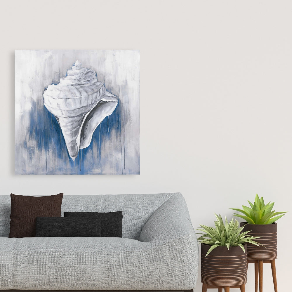 Blue Conical Shell Canvas - Coastal Bathroom Decor Artwork